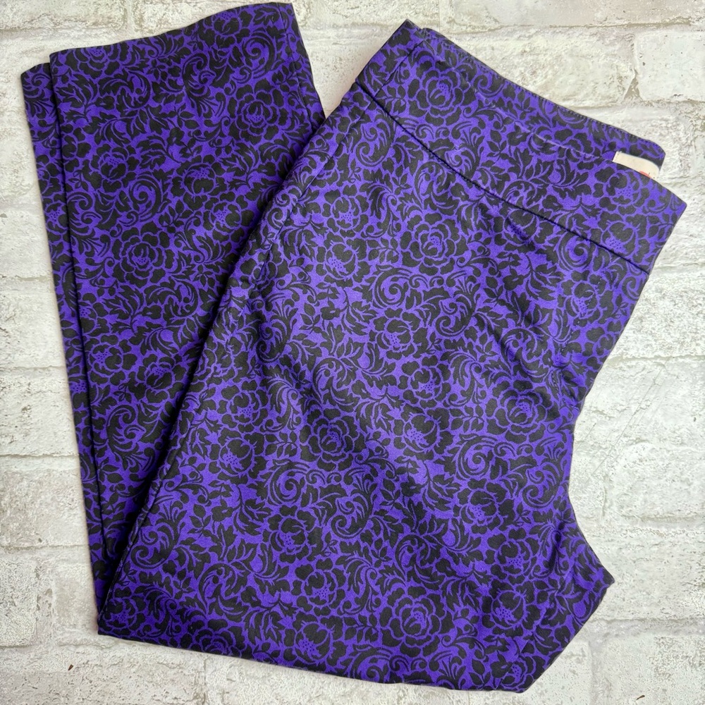 Beautiful Loft Vibrant Purple Marisa Pants Black Floral Rose Print EUC 10P😍